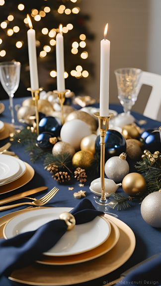 Décoration de table de noël dans des tons bleus nuit et dorés