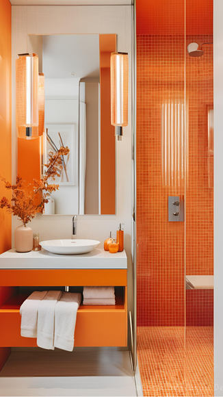 Une salle de bain avec une douche mosaïque orange et un meuble vasque orange.