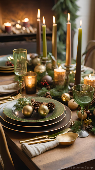 Décoration de table de noël dans des tons marron, vert et doré