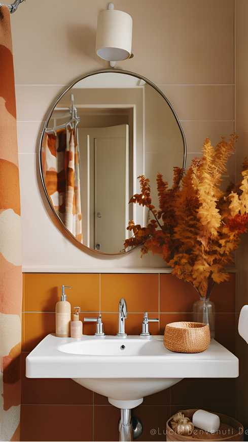 Un vasque de salle de bain avec du carrelage orange.