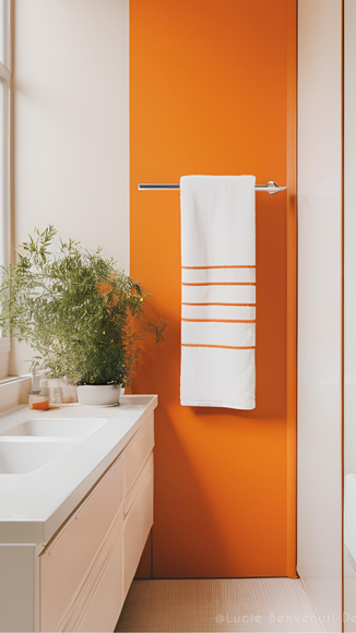Une salle de bain avec un mur oange.
