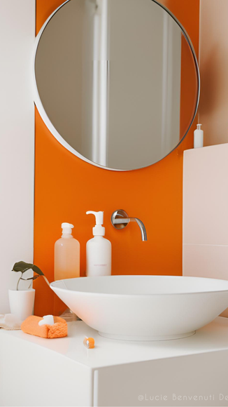 Un lavabo de salle de bain avec un mur peint en orange.