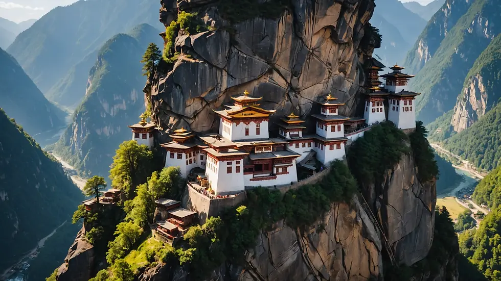 High angle view of Paro Taktsang Monastery perched on a cliff
