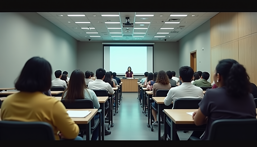 Students seated in rows face a lecturer in a classroom. A blank projector screen is visible. The setting is neutral and focused.