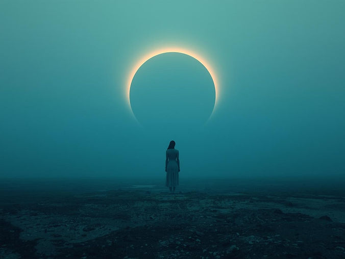 A calm, celestial scene representing conscious transition and clarity. A soft eclipse glow