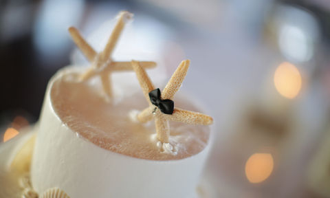 Close up of a beach inspired wedding cake topper featuring starfish with a black bow tie.