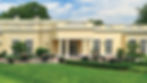 Exterior view of a yellow historic mansion wedding venue with green shutters, a stone fountain, and manicured trees in the courtyard.