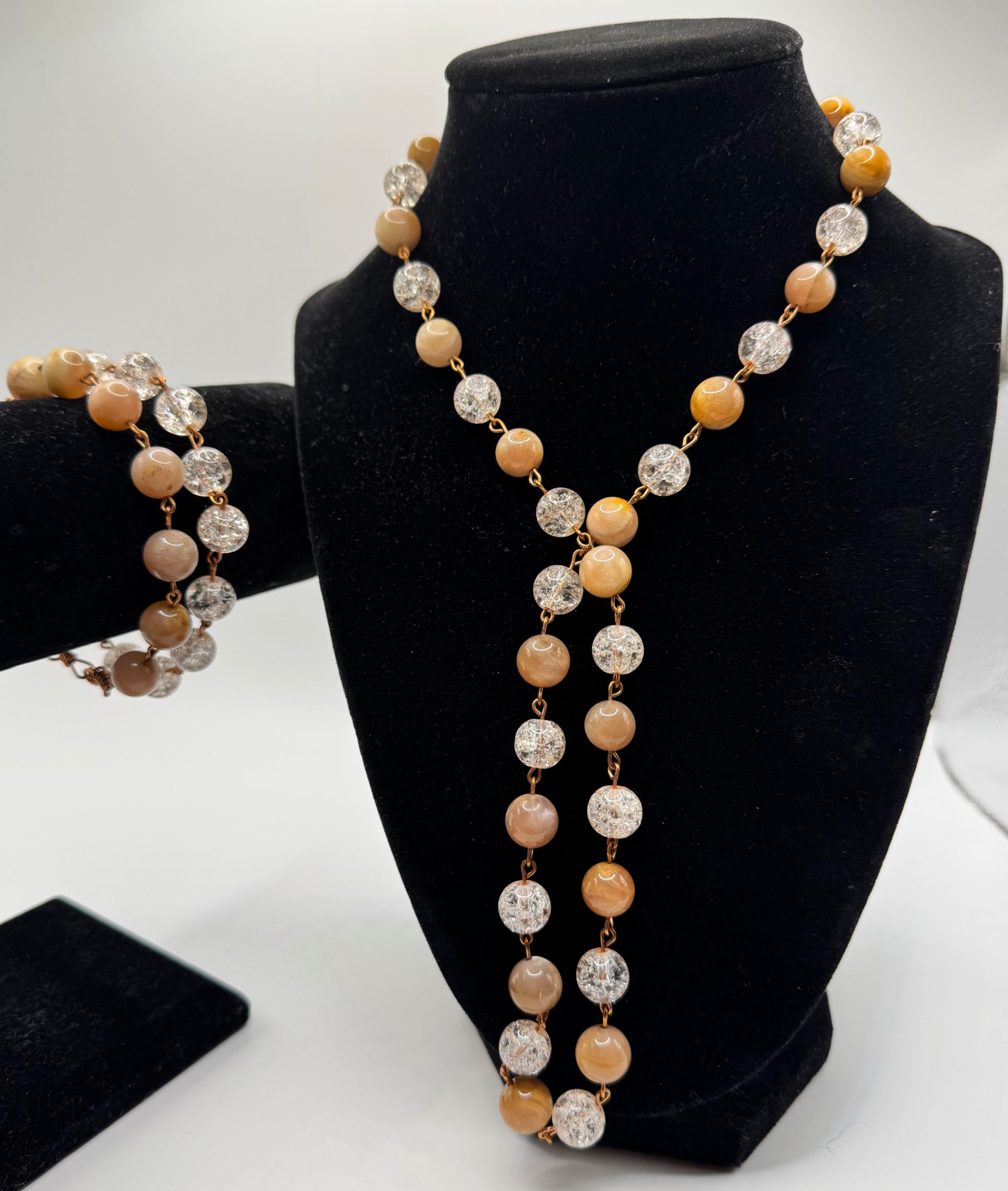 Peach Moonstone Crystal and Copper Necklace with 2 Bracelets Set