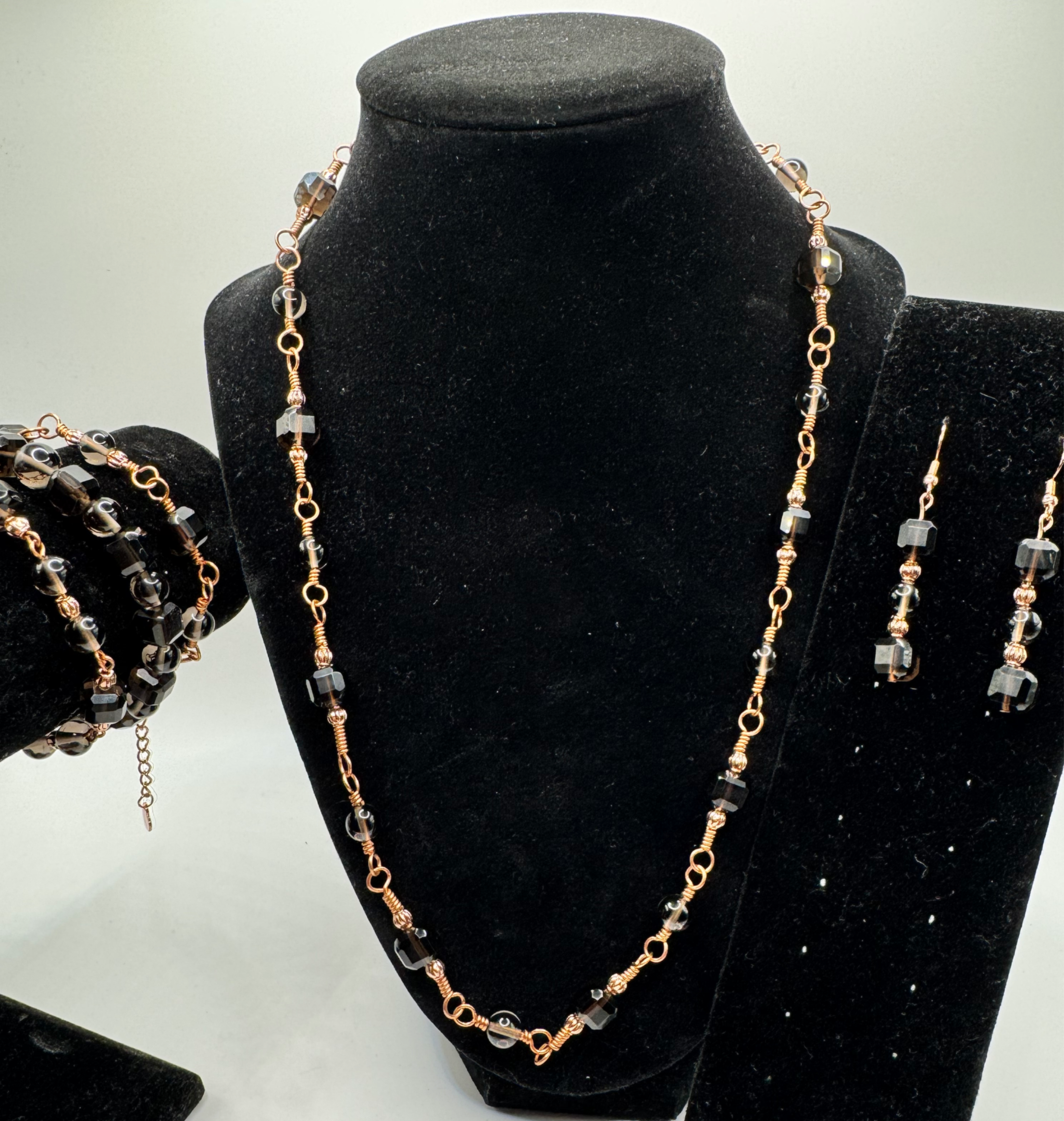 Smokey Quartz Crystal & Copper Necklace with 3 Bracelets & Earrings