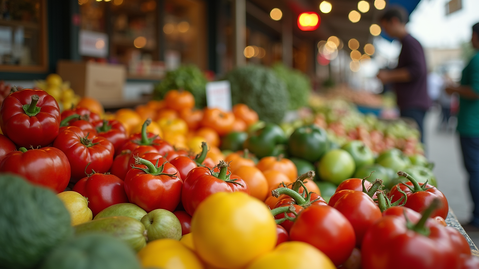 Eye-level view of a vibrant market stall filled with fresh produce