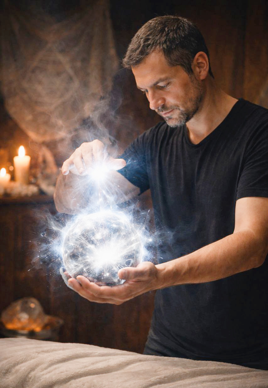 Imagen simbólica de un hombre en conexión con la energía universal y el desarrollo de la conciencia espiritual.