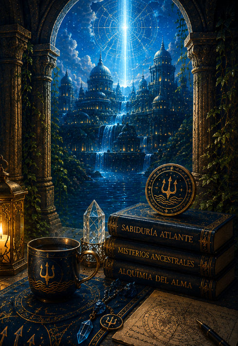 Biblioteca Atlante con libros sobre filosofía, conciencia y espiritualidad.
