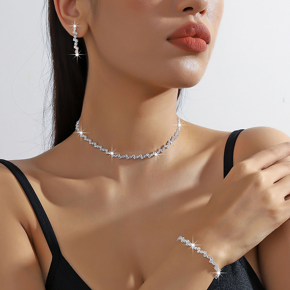 Thumbnail: Set of Shiny Silver Plated Collarbone Chain Necklace Bracelet Jewelry, Women's M