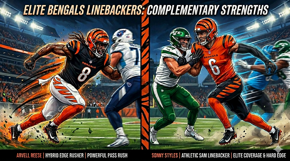 Split-screen cinematic action image of two elite Ohio State linebackers in Cincinnati Bengals uniforms: on the left, Arvell Reese exploding as a hybrid edge rusher with powerful pass-rush moves; on the right, Sonny Styles dominating as a tall athletic SAM linebacker, covering a tight end in space while setting a hard edge in the run game. Both shown with explosive 4.46-speed athleticism, dynamic poses, orange and black Bengals colors, dramatic NFL football field lighting, high-energy sports illustration style, mirror-image composition highlighting their complementary strengths.