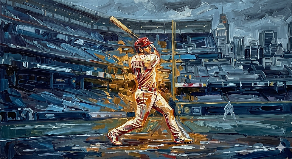 A lone beardless Cincinnati Reds baseball player with the last name "Steer" wearing a jersey with the number "7" in a white home uniform stands at the plate in the right batter's box (from the pitcher's perspective) in a dramatic batting stance, bat follow-through over his left shoulder raised high after a powerful swing, expression focused and confident. The stadium behind him is dimly lit and nearly empty, conveying a sense of gloom and loss. Cold blue and grey tones dominate the background, but the player is bathed in a warm, golden spotlight that isolates him from the surrounding darkness. Cinematic sports photography style, shallow depth of field, high contrast lighting, abstract.