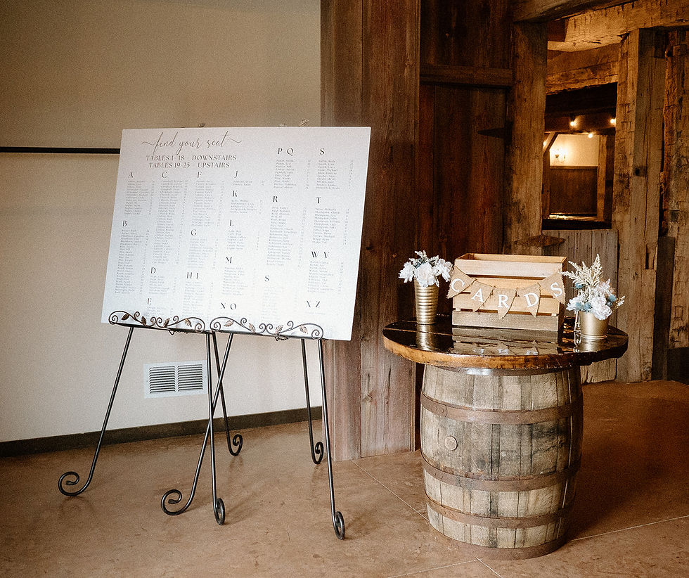Columbus Ohio wedding venue. Seating chart on a stand and a rustic table with a "Cards" box and flowers. Wooden barn-style setting, warm and inviting ambiance.
