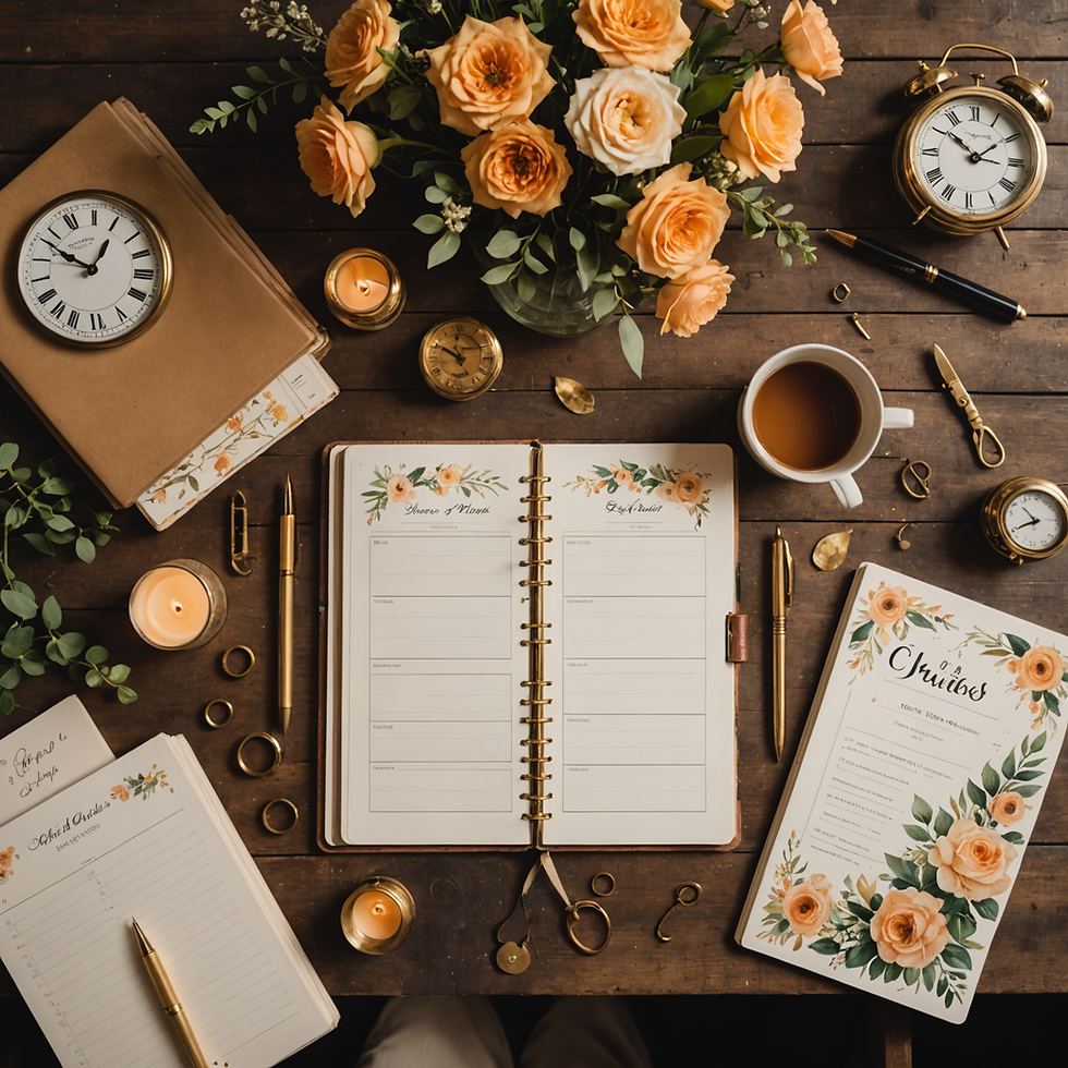 Pickaway County Wedding Venue Flat lay of floral planners, open diary, clocks, tea and candles on a dark wooden desk, with peach roses and brass accents.