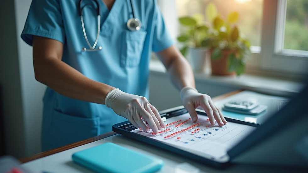 High angle view of a mobile phlebotomist packing up equipment after a home visit
