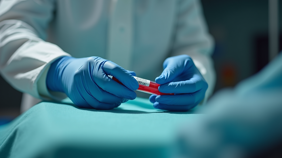 Eye-level view of a mobile phlebotomist wearing gloves and preparing a blood collection tube