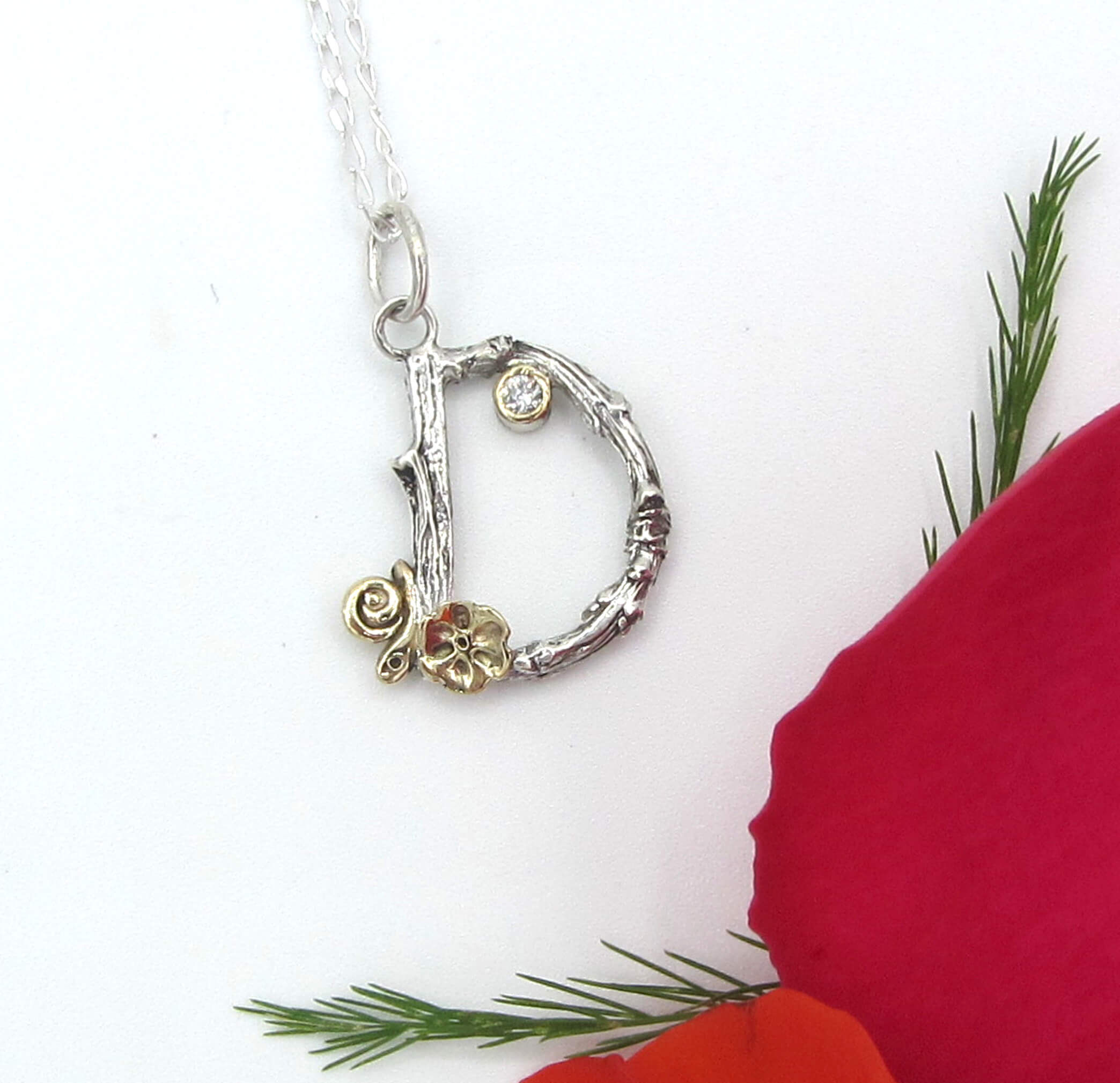 Twig Initial D Necklace with Diamond and gold detail