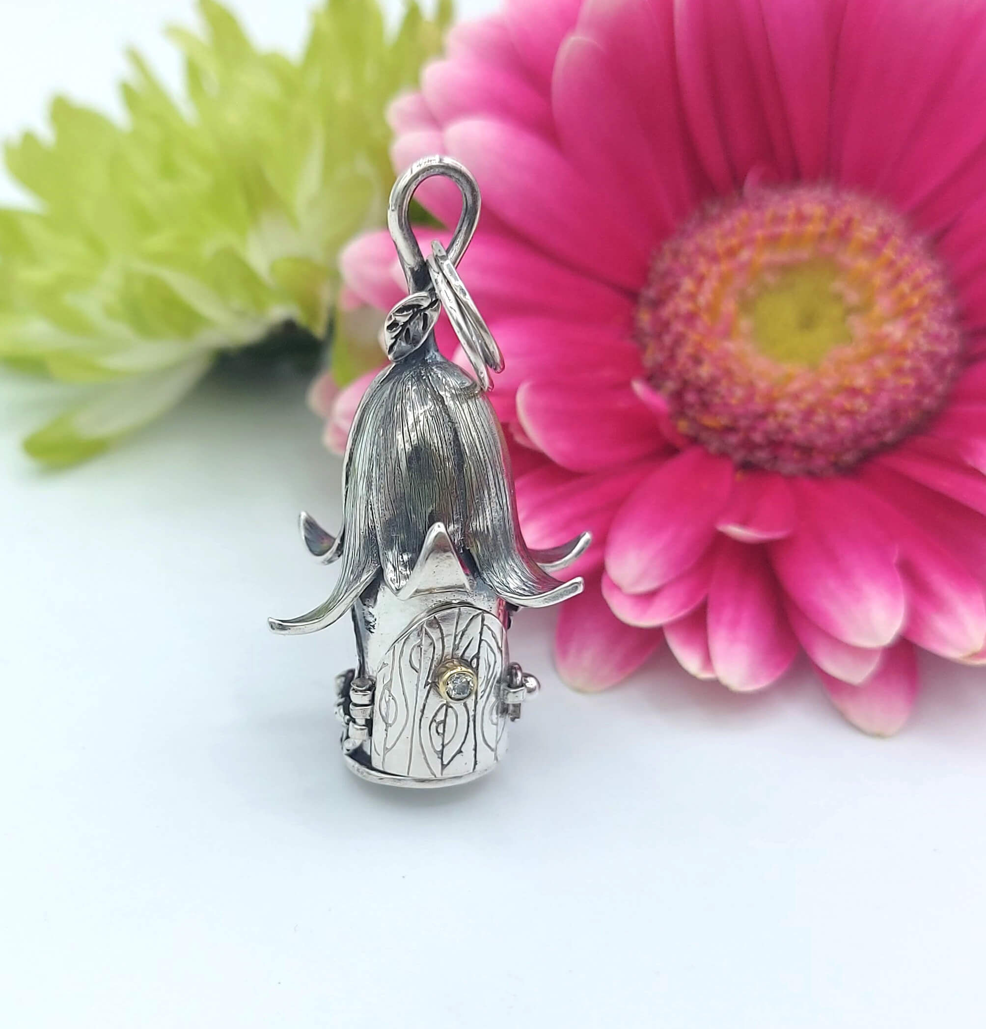 Silver Fairy House Necklace with gold and diamond