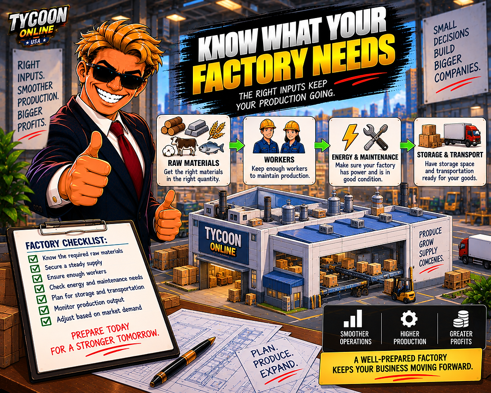 Secure the materials, workers, and resources your factory needs to operate smoothly.