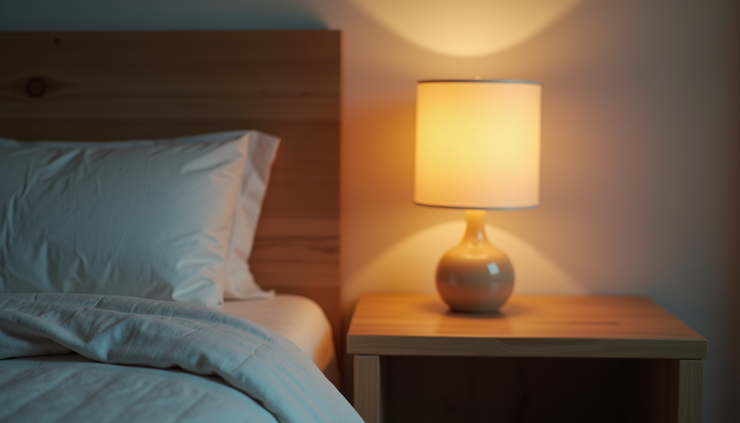 Close-up of a bedside table with a warm glowing lamp and soft decor
