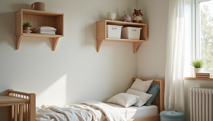 High angle view of a toddler bedroom corner with wall shelves and labeled storage bins