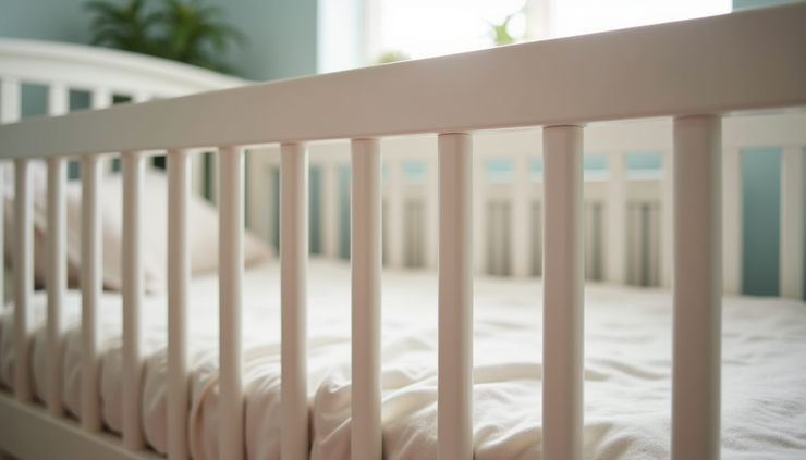 Close-up view of a toddler bed with safety rails and soft bedding