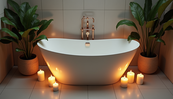 High angle view of a freestanding bathtub with candles and plants around