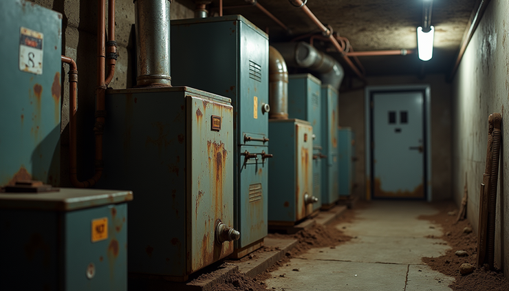 Eye-level view of an old furnace unit in a basement with visible rust and dust