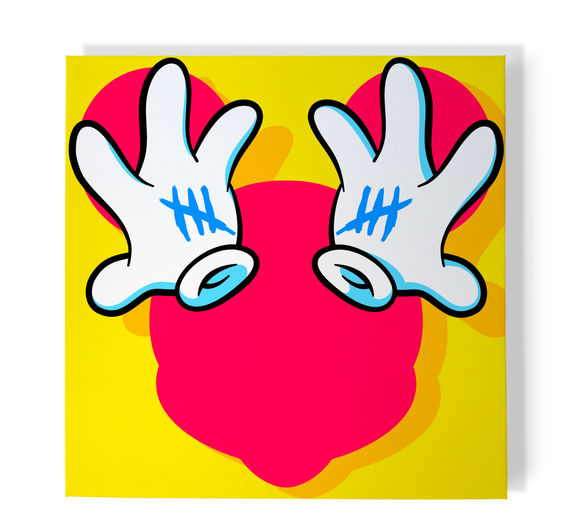 bright pink red disney mickey mouse head silhouette with white gloves hands covering ears on bright yellow background stretched canvas contemporary pop art painting