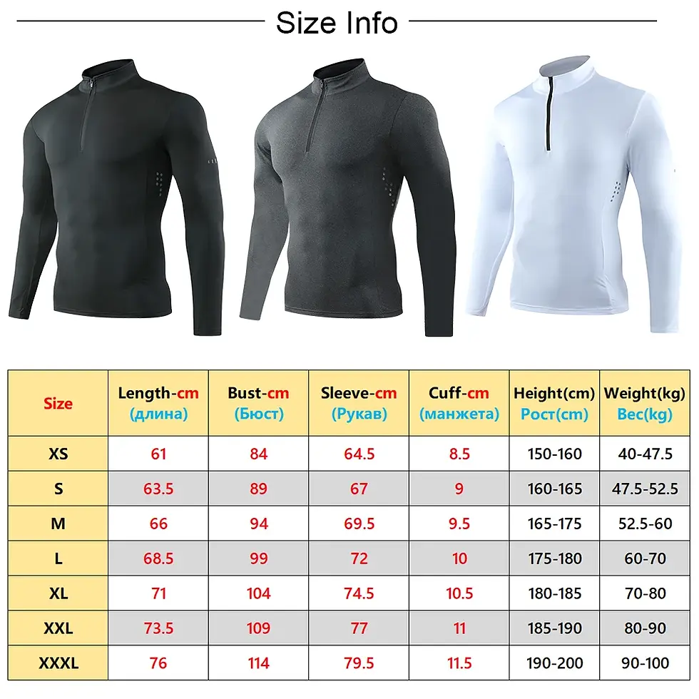 Men's long sleeve running tops in different colours with size chart