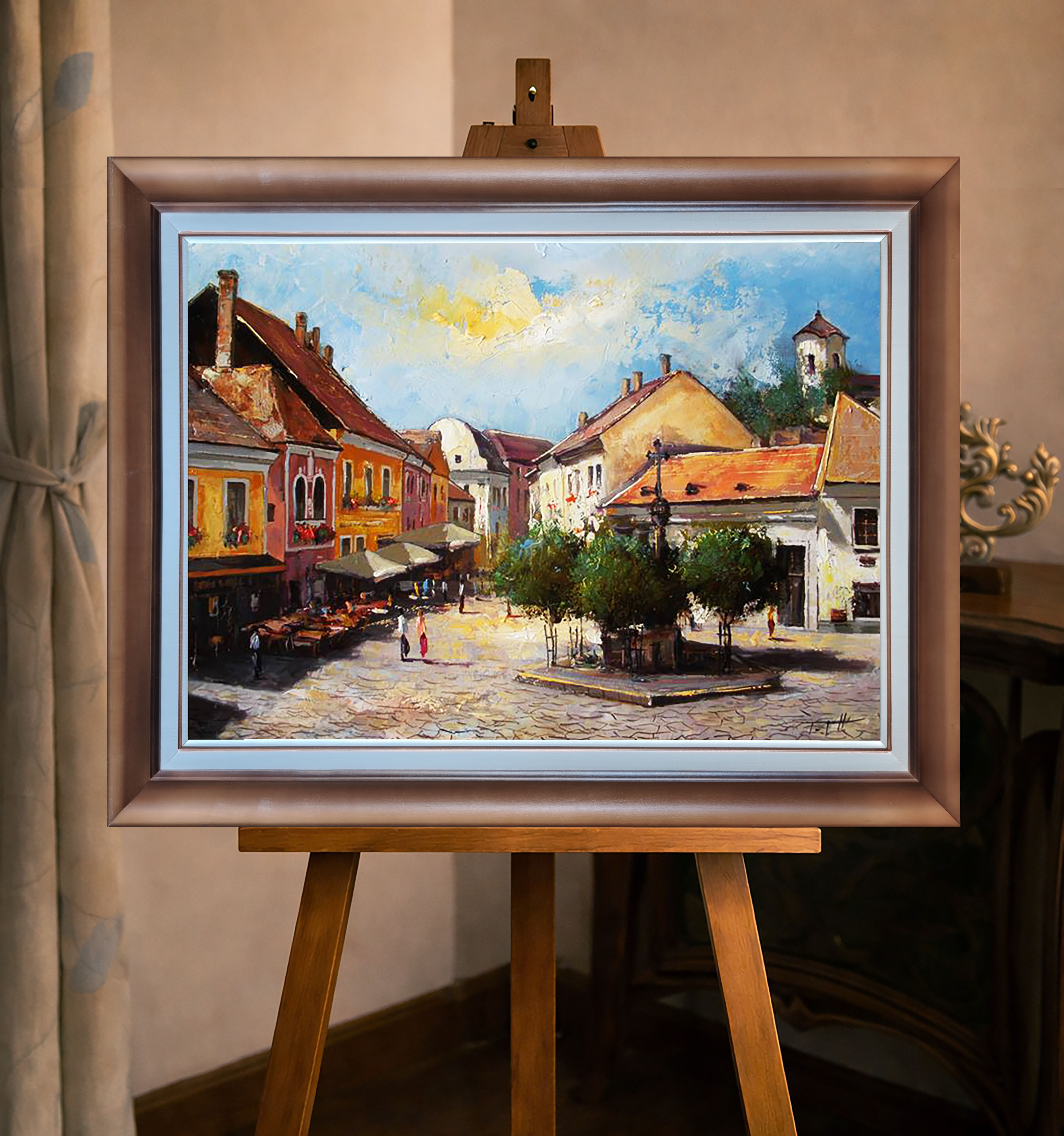 Szentendre- Vászon nyomat saját festmény alapján, egyedi fa keretben