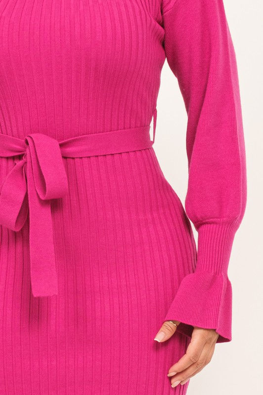 Thumbnail: "MOXI" BALLOON SLEEVED TURTLENECK RIBBED MIDI DRESS