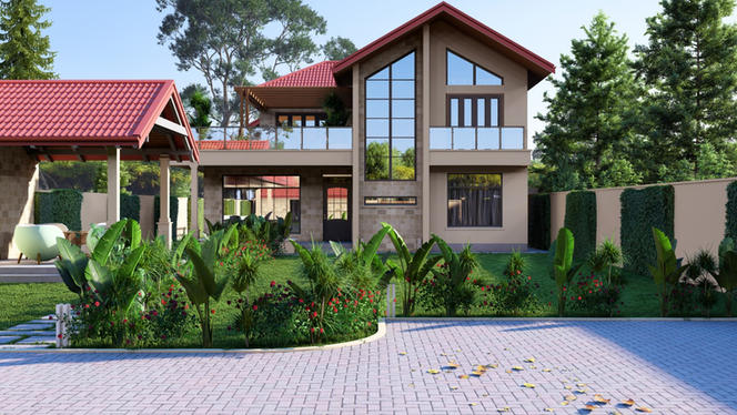 Modern two-story house with glass windows and lush green landscaping projects