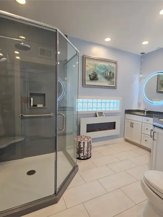 Porcelain tile flooring installed in modern bathroom remodel
