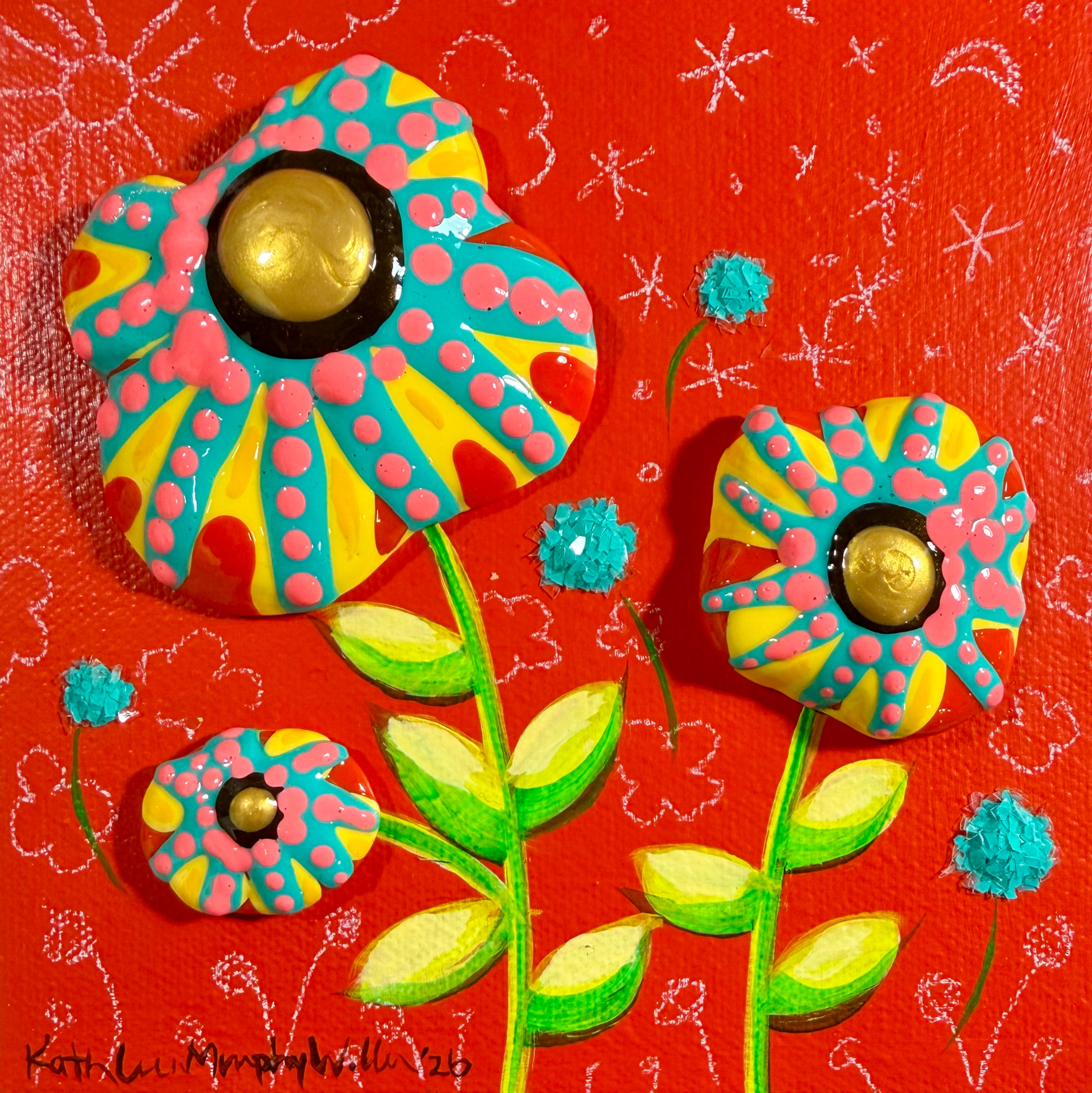 Puffy Flowers on Red 6x6