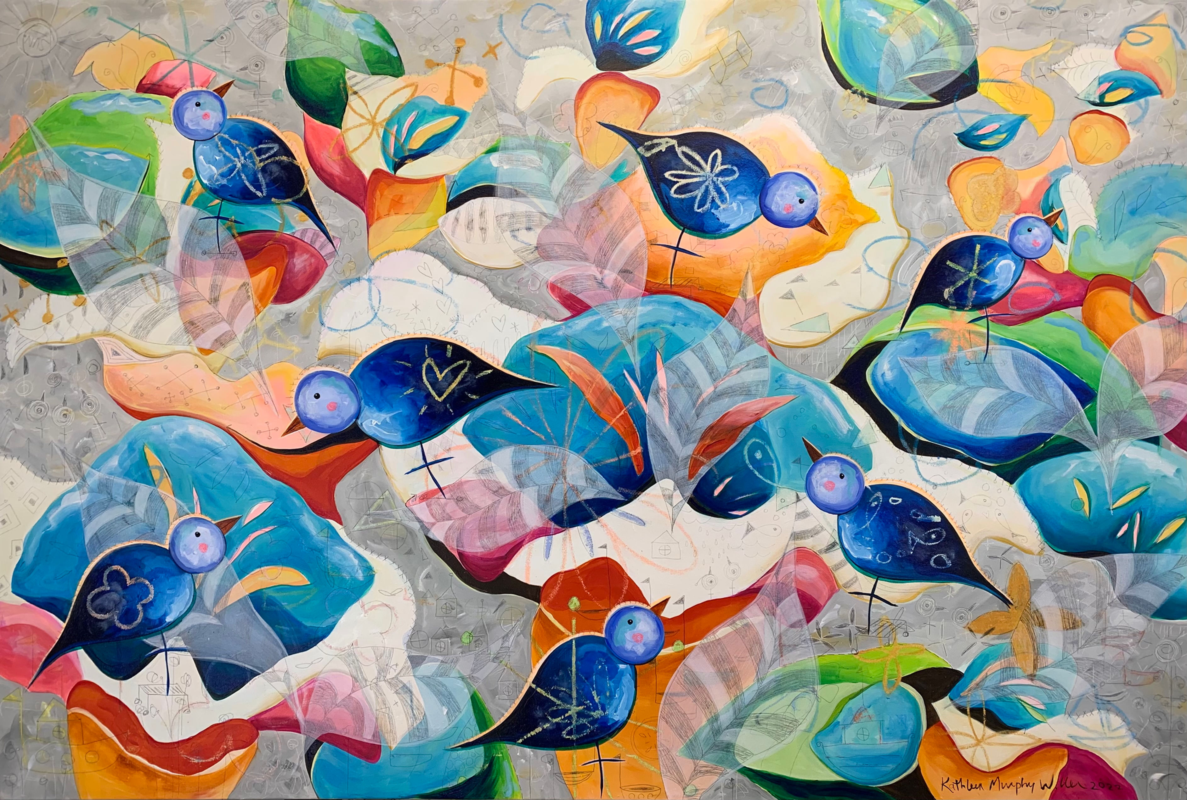 "Blue Birds With Tree Blooms" 40x60