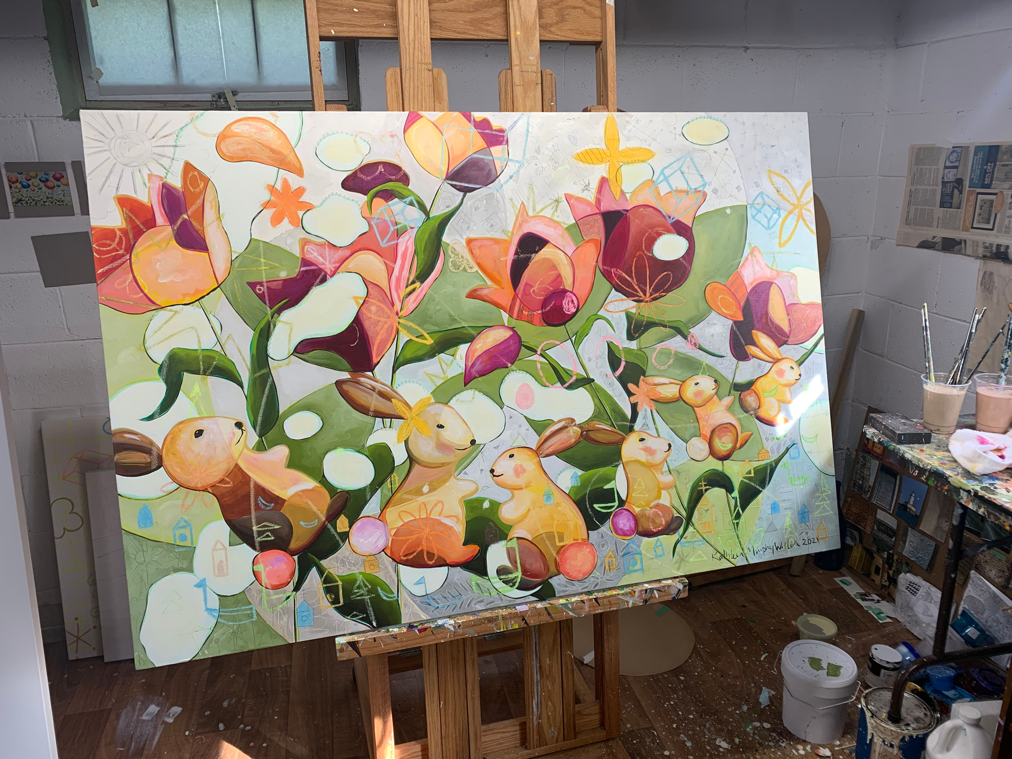 "Bunnies + Tulips + Forest Shadows" 40x60