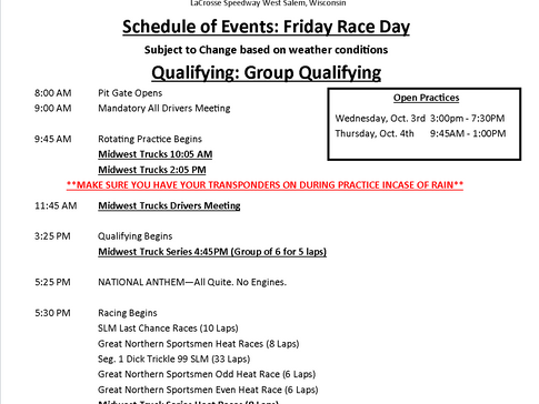 Midwest Truck Series Schedule of Events for Octoberfest