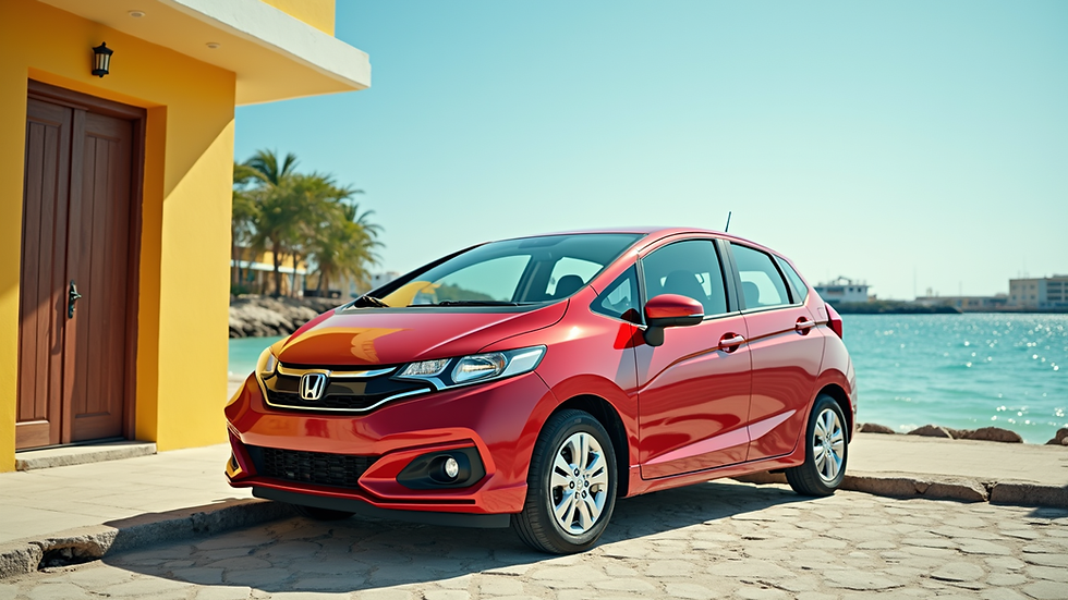 Eye-level view of a compact rental car parked near a beach in Curaçao