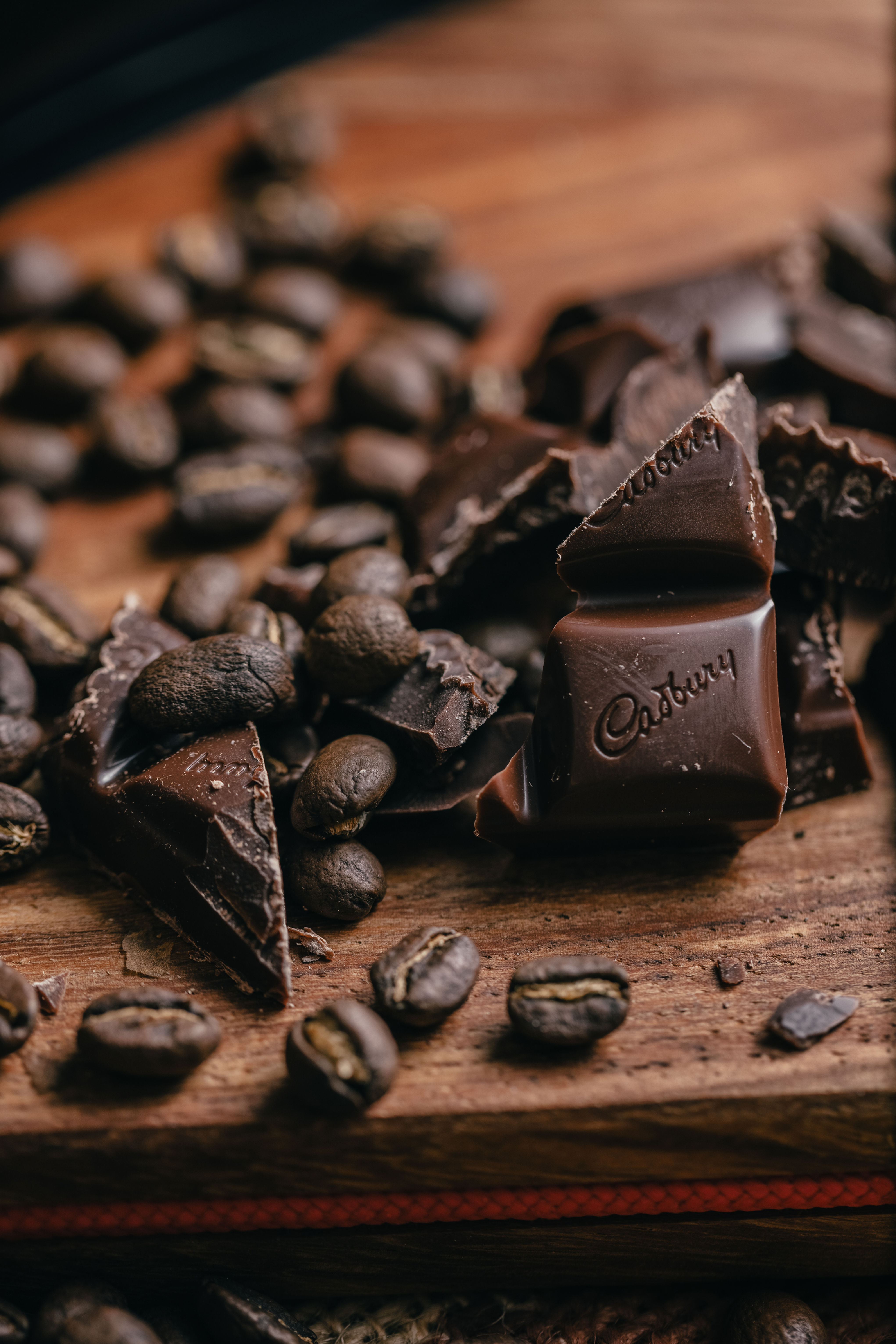 Dark chocolate chunks and coffee beans