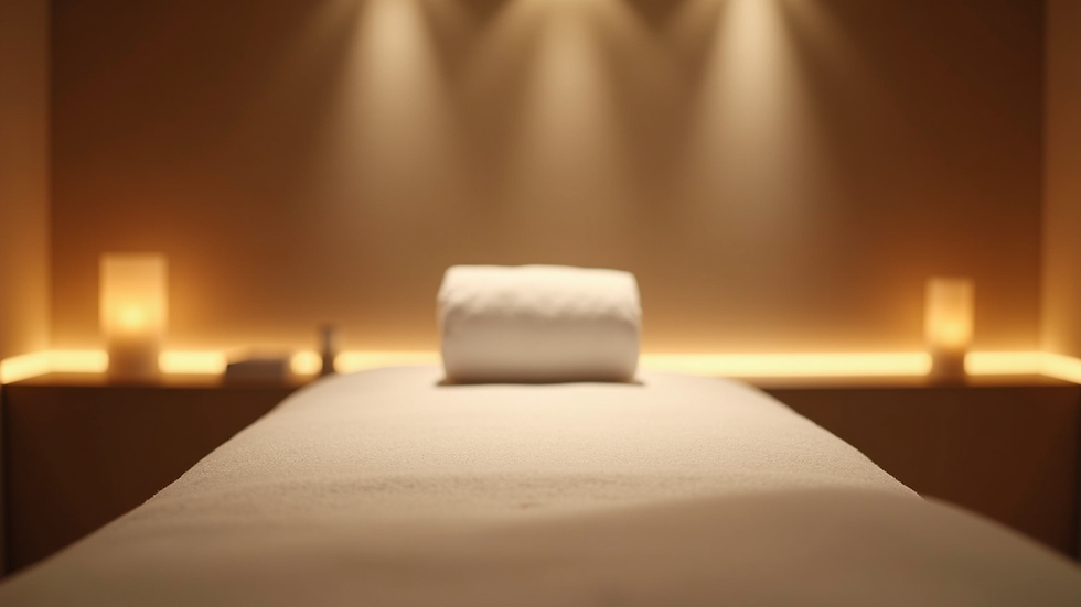 Eye-level view of a massage table with soft lighting in a spa room
