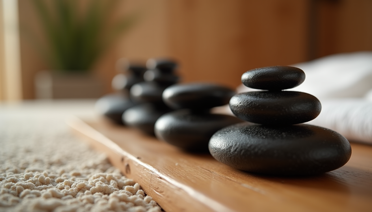 Eye-level view of smooth black basalt stones arranged on a wooden massage table