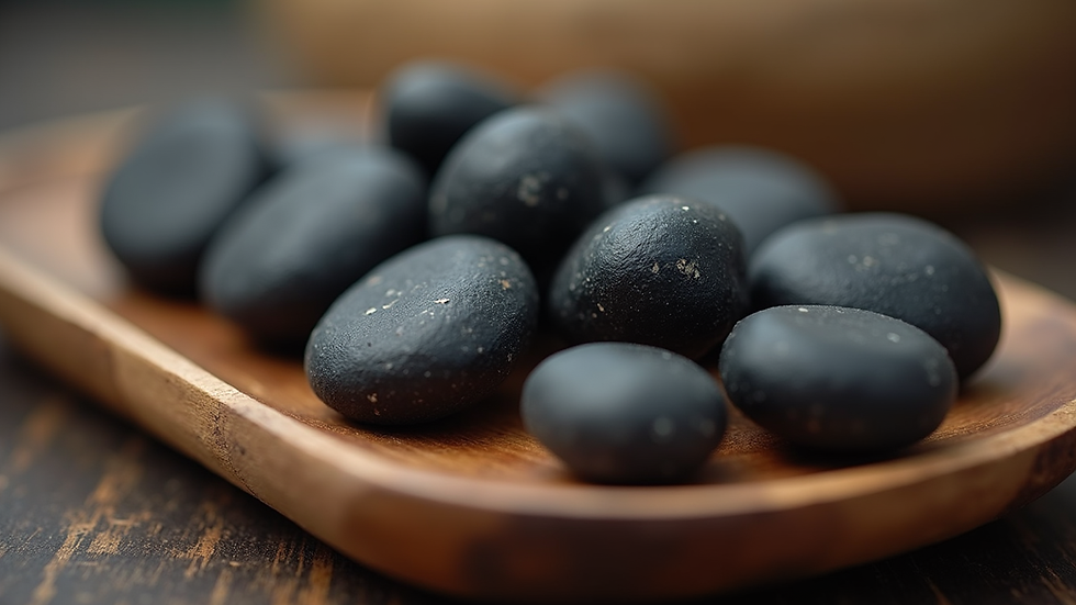 Close-up view of smooth black hot stones arranged on a wooden tray