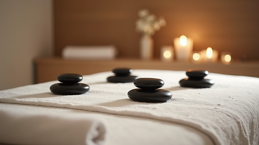 Eye-level view of a massage table with a neatly folded towel and hot stones ready for use