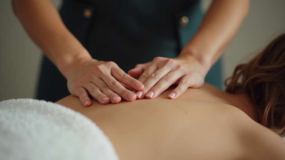 Close-up view of massage therapist’s hands applying firm pressure on a client’s back