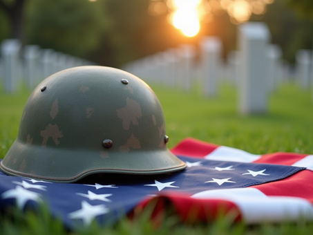 A soldier’s helmet and folded flag at a cemetery, symbolizing sacrifice and remembrance