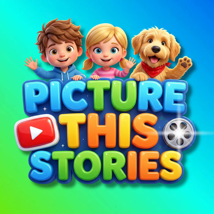 Picture This Stories animated logo featuring three friendly characters promoting 3D animated stories for kids, fairy tales, classic fables, original stories, and FREE activity packs.
